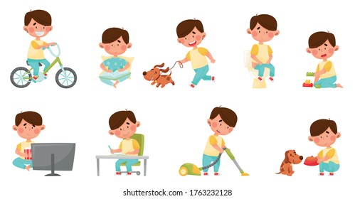 Cute Boy Character Cycling, Reading Book and Walking the Dog Vector Illustrations Set