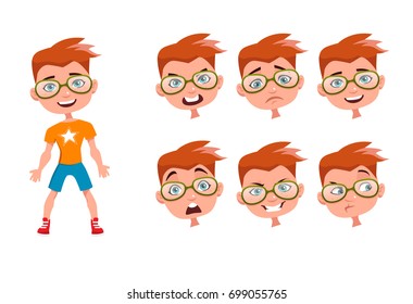 Cute boy character with different expressions. Vector illustration in cartoon style