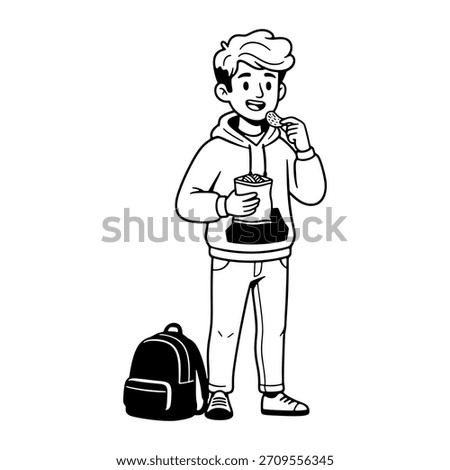 Cute boy character eating snack food vector illustration in sketch style.