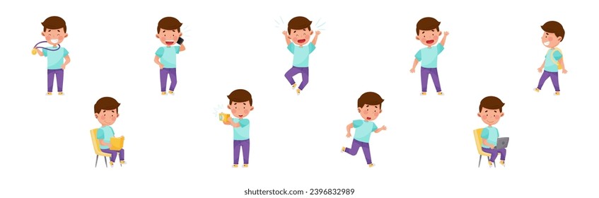 Cute Boy Character Engaged in Different Activity Vector Set