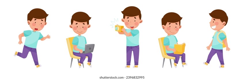 Cute Boy Character Engaged in Different Activity Vector Set