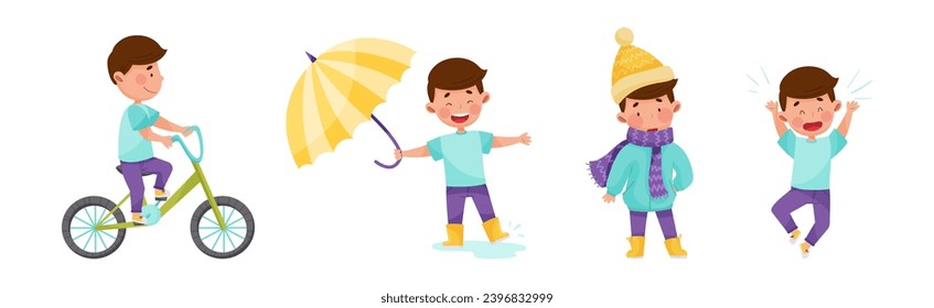 Cute Boy Character Engaged in Different Activity Vector Set