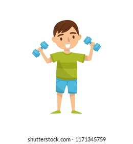 Cute boy character exercising with dumbbells, kids activity, daily routine vector Illustration on a white background
