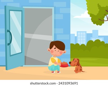 Netter Junge Charakter Feed Hund Haustier Vektor-Illustration