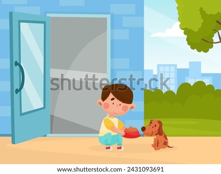 Cute Boy Character Feed Dog Pet Vector Illustration