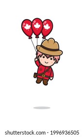 Cute boy character flying celebrated Canada Day cartoon vector icon illustration. Design isolated on white. Flat cartoon style.