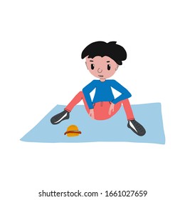 Cute boy character. the guy is sitting in the Park on a blanket and looking at a hamburger.Vector illustration in a flat design.for posters, children s books and websites, t-shirt design.