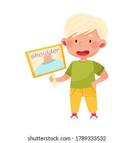 Cute Boy Character Holding Card with Shoulder Picture Vector Illustration