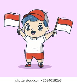 Cute boy character illustration holding two Indonesian flag