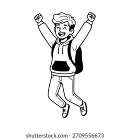 Chico lindo personaje saltando con Ilustración vectorial de alegría en estilo de boceto.