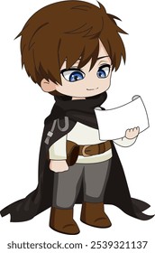 Personagem menino bonito olhando para papel vetor anime chibi ilustração