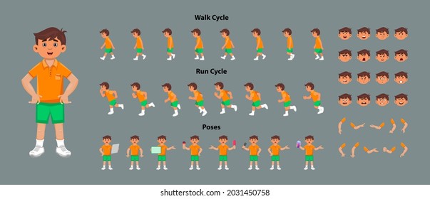 Cute boy character model sheet with walk cycle and run cycle animation sequence. Boy character with different poses 