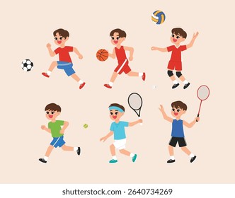cute boy character play volleyball, basketball, soccer, football, futsal, badminton, tennis, run, racing, sport day cartoon, game day, happy kid character doing sport competition illustration