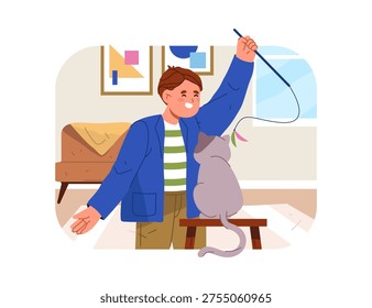 Cute boy character playing with cat. Vector in flat style, schoolboy having fun, teasing domestic pet with stick with feather and thread. Daily routine and everyday life of kiddo, lifestyle