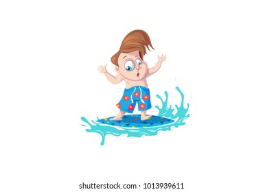 Cute boy Character in a puddle of water. vector Illustration. Isolated on white background.