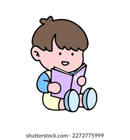 A cute boy character, reading a book, studying and doing homework, isolated on a background, for a back-to-school concept.