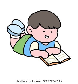 A cute boy character, reading a book, studying and doing homework, isolated on a background, for a back-to-school concept.