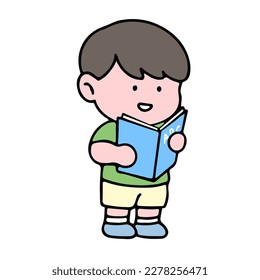 A cute boy character, reading a book, studying and doing homework, isolated on a background, for a back-to-school concept.