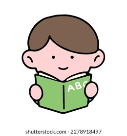 A cute boy character, reading a book, studying and doing homework, isolated on a background, for a back-to-school concept.
