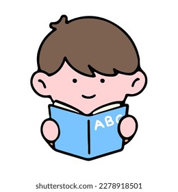 A cute boy character, reading a book, studying and doing homework, isolated on a background, for a back-to-school concept.