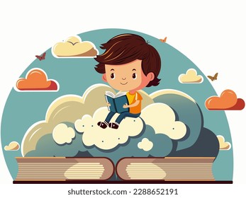 Carácter De Niño Cutáneo Leyendo Libro Sobre El Fondo De Las Nubes Con Mariposas.