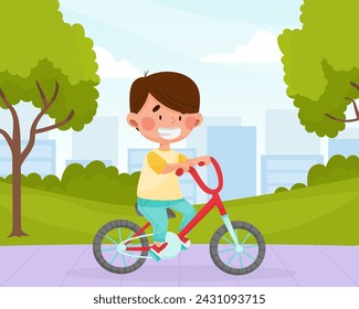 Cute Boy Character Ride Bicycle in Green City Park Vector Illustration