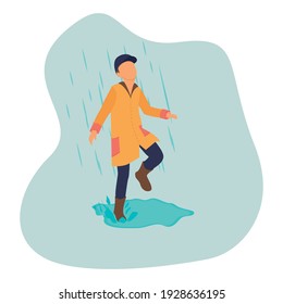 Cute boy character in rubber boots jumping in a puddle in the rain vector illustration