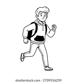 Cute boy character running to school vector illustration in sketch style.