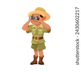 Cute Boy Character in Safari Outfit Look in Binoculars Vector Illustration