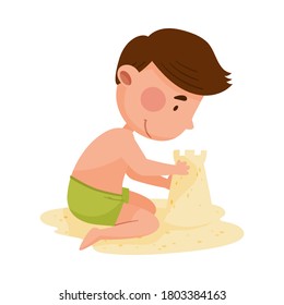 Cute Boy Character at Sea Shore Wearing Swimming Trunks and Building Sand Castle Vector Illustration.