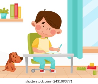 Cute Boy Character Sit at Table Do Homework Vector Illustration