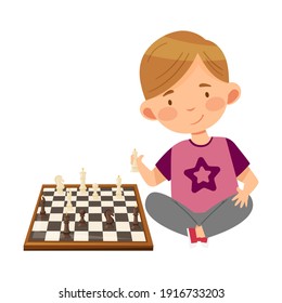 Cute Boy Character Sitting and Playing Chess Vector Illustration