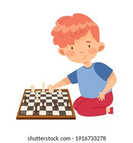 Cute Boy Character Sitting and Playing Chess Vector Illustration