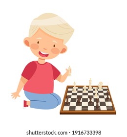 Cute Boy Character Sitting and Playing Chess Vector Illustration