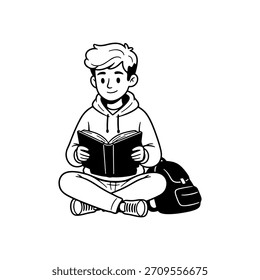 Cute boy character sitting and reading book vector illustration in sketch style.