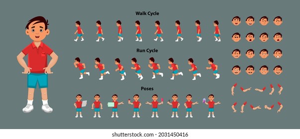 Cute Boy Character Sprite Sheet With Walk Cycle And Run Cycle Animation Sequence. Cute Boy Character With Different Poses 