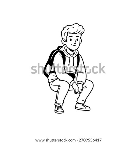 Cute boy character squatting and waiting vector illustration in sketch style.