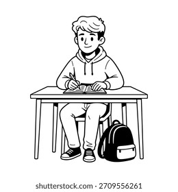 Personaje lindo del muchacho que estudia en la Ilustración vectorial de escritorio en estilo del bosquejo.