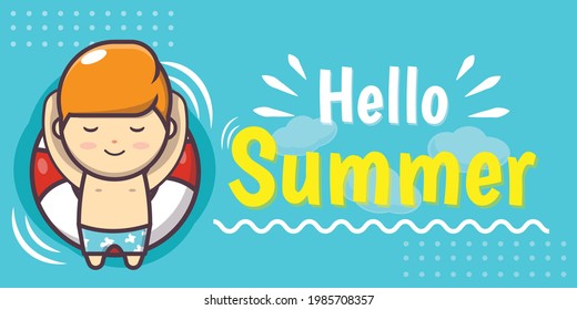 cute boy character with summer greeting banner