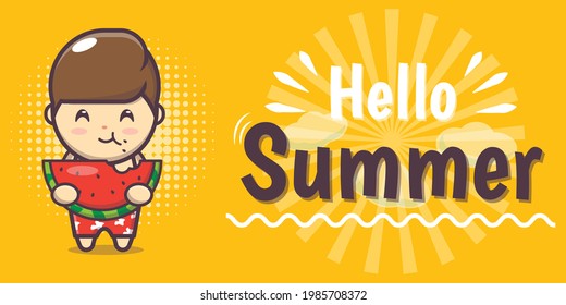 personaje de chico lindo con pancarta de saludo de verano