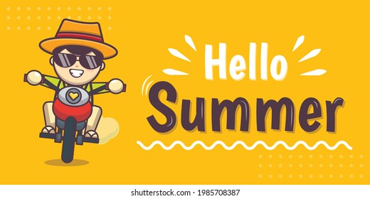 cute boy character with summer greeting banner
