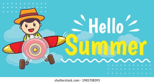süße Jungenfigur mit Sommergrußbanner