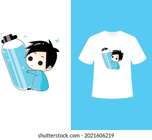 Cute boy character with vaccine bottle and tshirt template