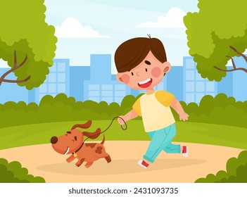 Cute Boy Character Walking Dog Run in the Park Vector Illustration