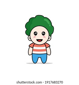 Un personaje de chico lindo con traje de brócoli. Concepto de diseño de mascota