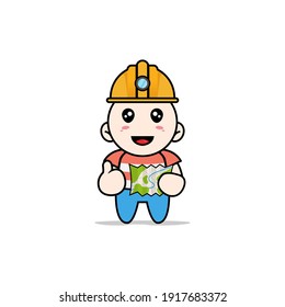 Personaje de chico lindo usando disfraces de obreros de la construcción. Concepto de diseño de mascota