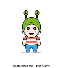 Cute boy character wearing frog costume. Mascot design concept