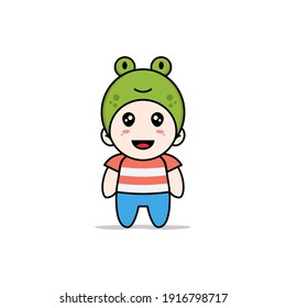 Personaje de chico lindo vestido con traje de rana. Concepto de diseño de mascota
