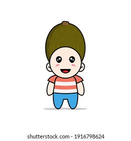 Cute boy character wearing kiwi costume. Mascot design concept