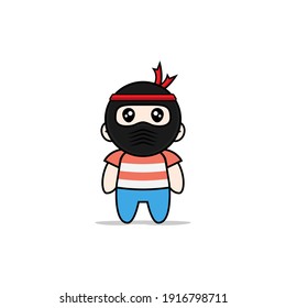 Cute boy character wearing ninja costume. Mascot design concept